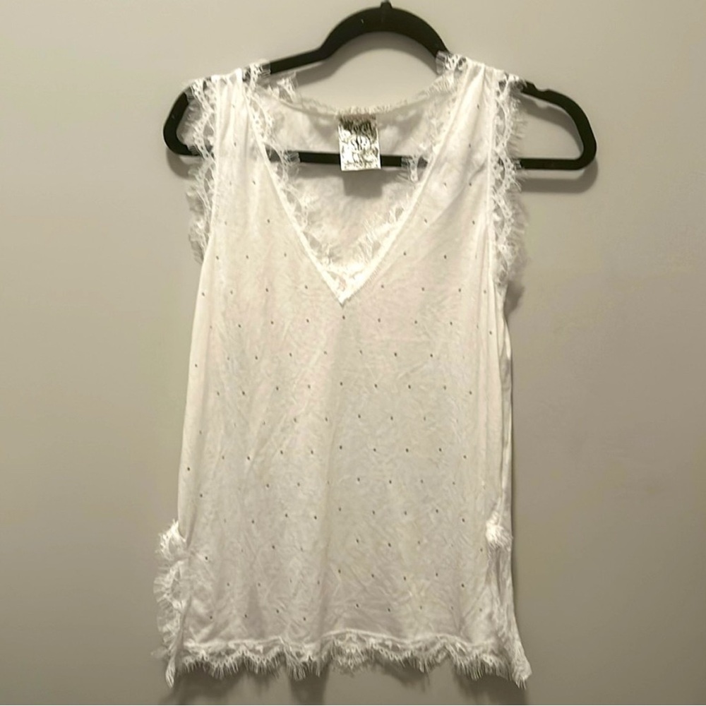 Vocal White Tank Top with Fringe Details